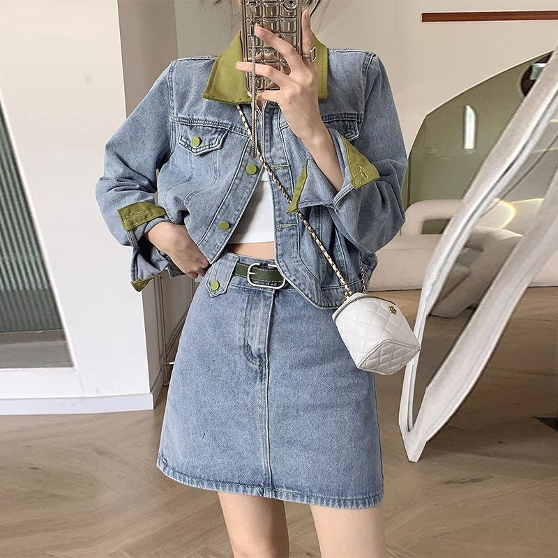 Patchwork Jean Jacket - Denim Coats Mini Skirts Two Piece