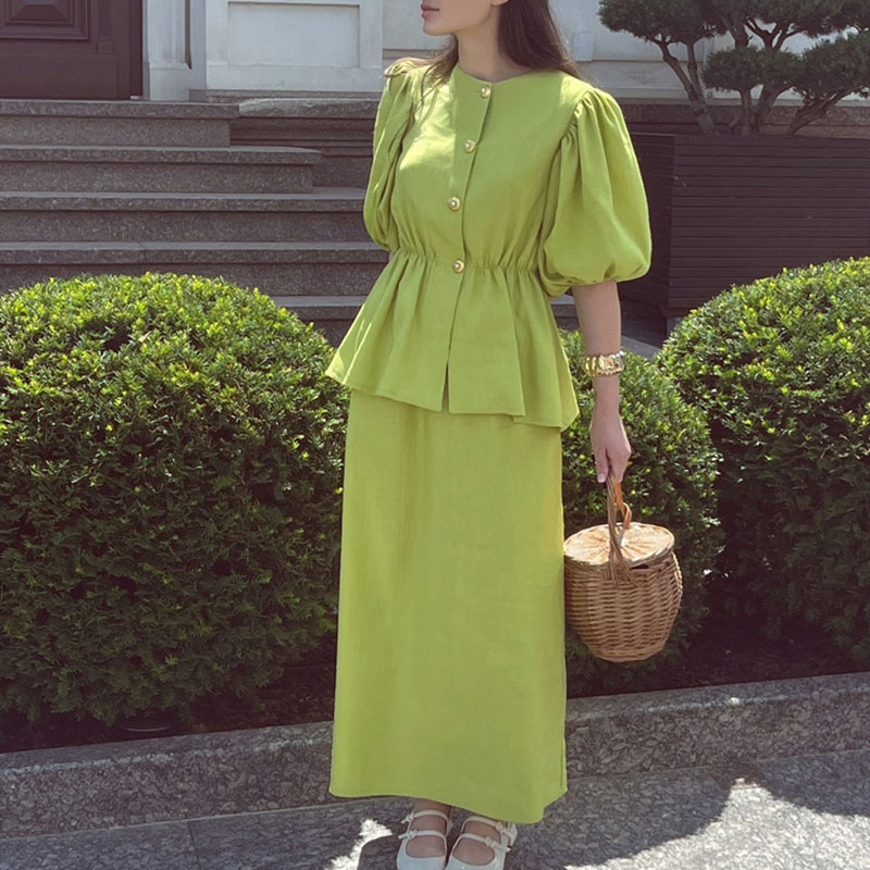 Vintage Fashion Pieces - Fashion O-Neck Button Shirts & Skirt