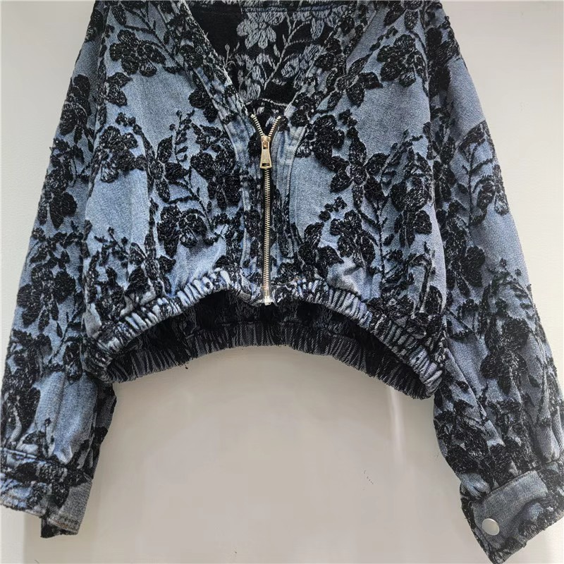 Patchwork Jean Jacket - Fashion Jacquard Short Denim Jacket Women