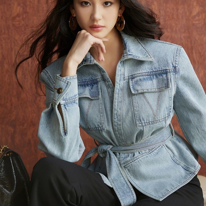 Patchwork Jean Jacket - Trend V-neck Belt High-waisted Jeans Jacket