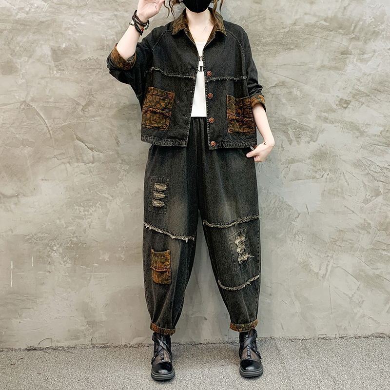 Patchwork Jean Jacket - Autumn Winter Women Retro Cowboy Set
