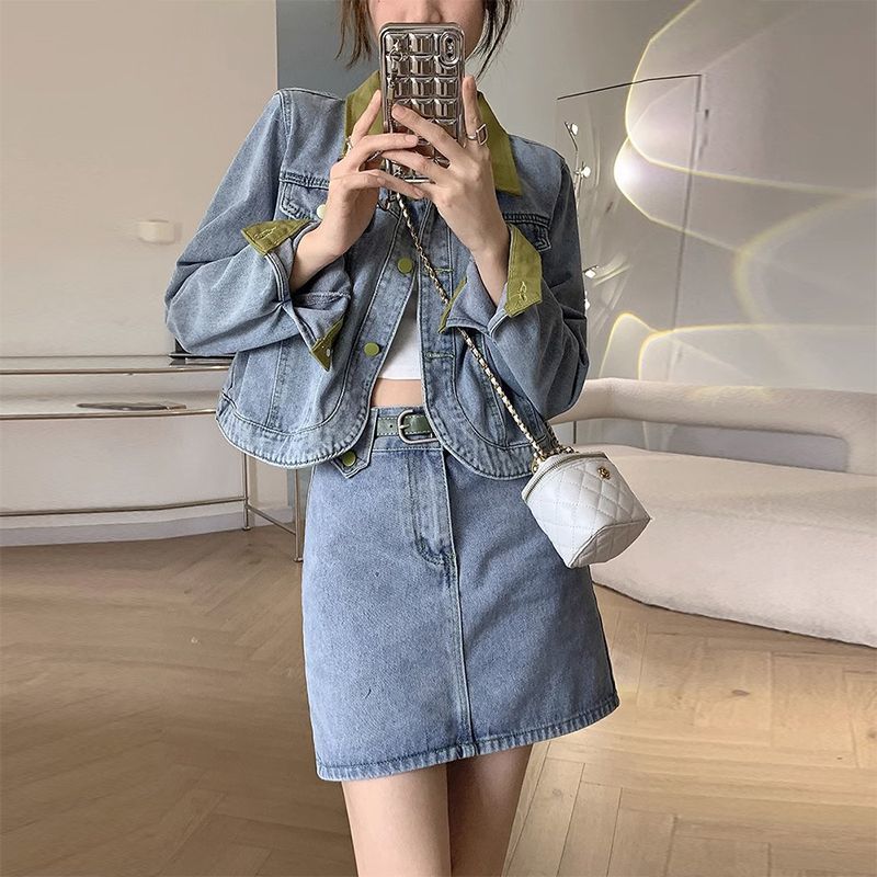Denim Coats Mini Skirts Two Pi - đánh giá và giá Patchwork Jean Jacket