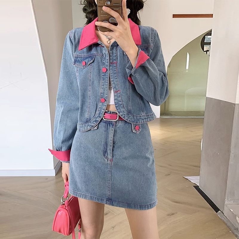 Denim Coats Mini Skirts Two Pi - đánh giá và giá Patchwork Jean Jacket