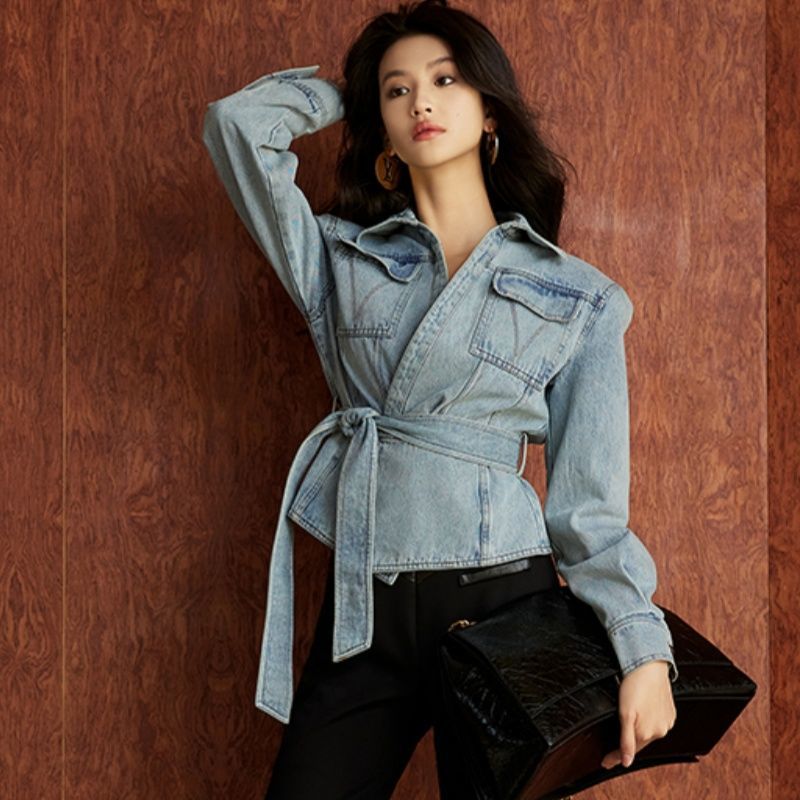 Trend V-neck Belt High-waisted - đánh giá và giá Patchwork Jean Jacket